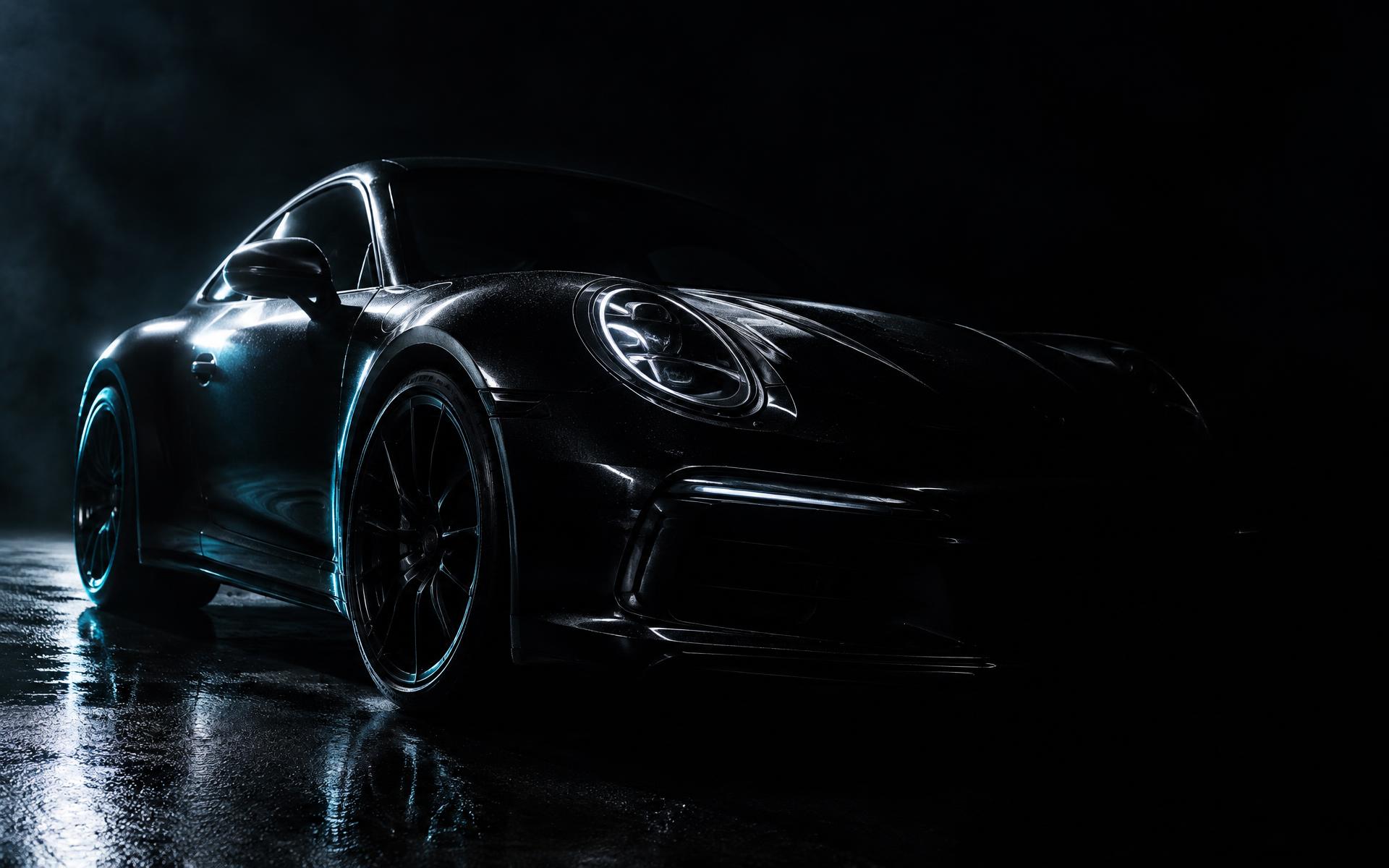 Dark sports car emerging from shadow in a detailing studio
