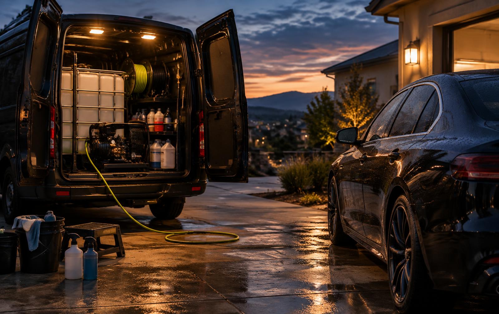Mobile detailing setup in a residential driveway at dusk