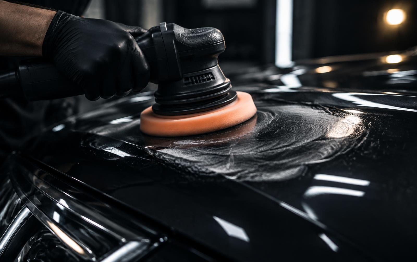 Jacob machine polishing a dark vehicle panel